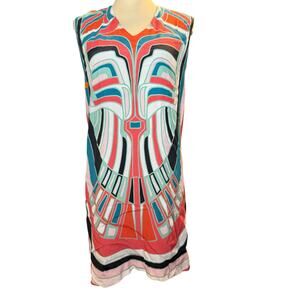 Nicole Miller Artelier Geometric Silk Shift Dress, V-Neck Retro Print, Small
